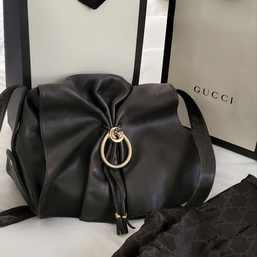 Vintage Gucci Black Leather Bag w/Gathered Flap & Tiger Head SERIAL #1112